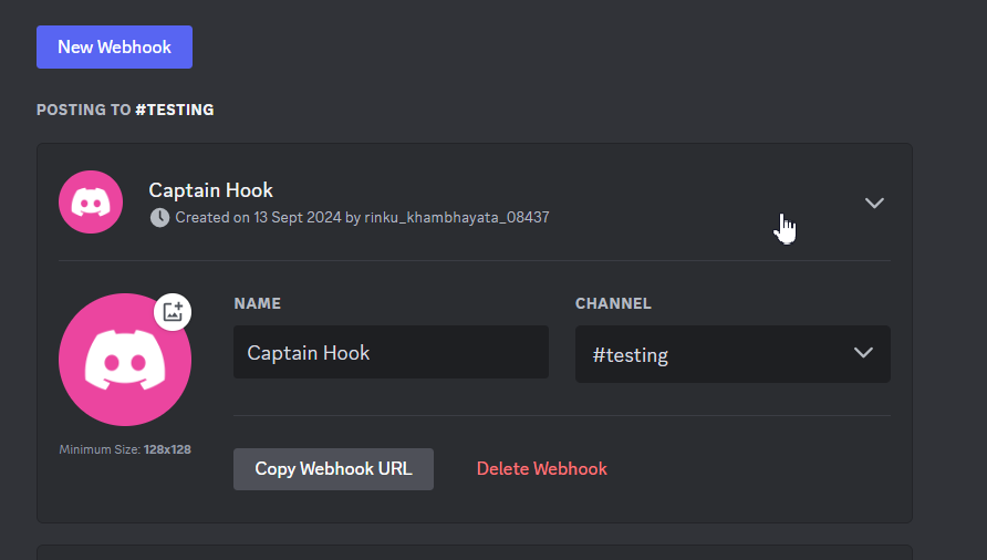 naming webhook and copyting its URL for getting employee productivity updates via Discord