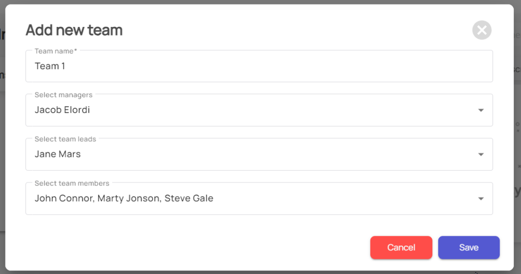 adding a team name. selecting manager, team leads and team members in SuperSee Employee Monitoring & Productivity Tracking Software 