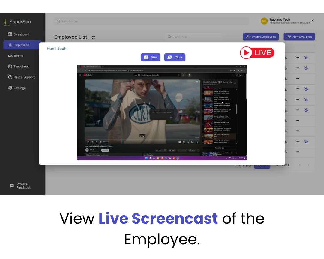 Live screencast preview from SuperSee showing real-time employee screen monitoring within the SuperSee dashboard interface.