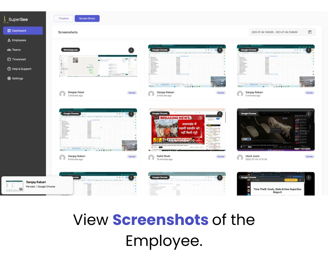 Dashboard view showing periodic screenshots of employee activities in SuperSee monitoring software, featuring Chrome and WhatsApp usage examples.