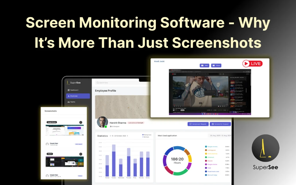 Dashboard view of SuperSee screen monitoring software showing live screen view, employee profile, and productivity charts, illustrating advanced monitoring beyond screenshots.