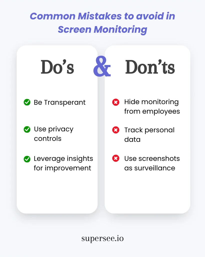 List of do’s and don’ts in screen monitoring, highlighting ethical and transparent employee tracking practices.