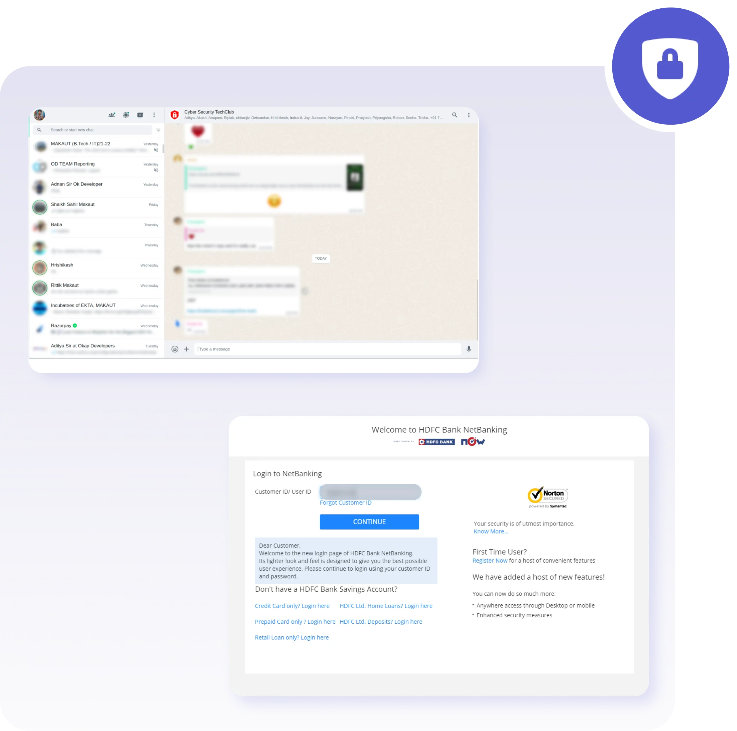 Illustration showing blurred screenshots of WhatsApp chat and a bank login page with a privacy lock icon, symbolizing data protection and privacy in employee monitoring.