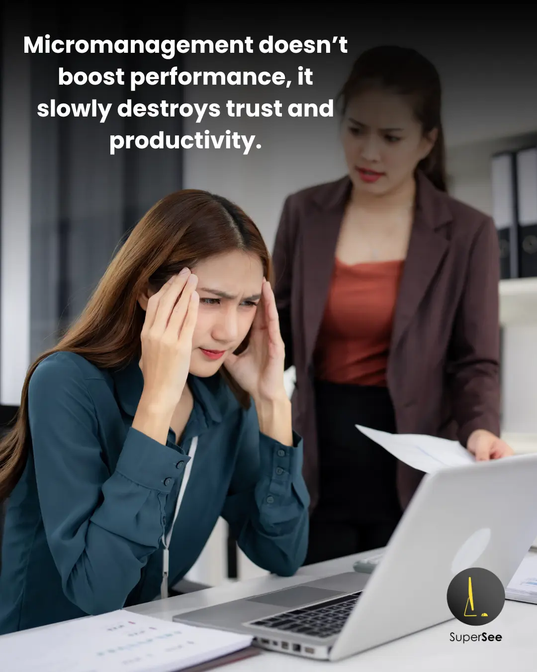 Employees stressed under heavy supervision symbolizing micromanagement in the workplace.