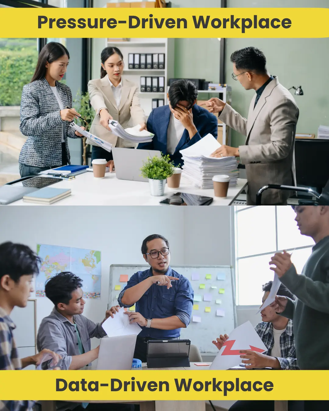 Comparison of pressure-driven vs data-driven workplaces.