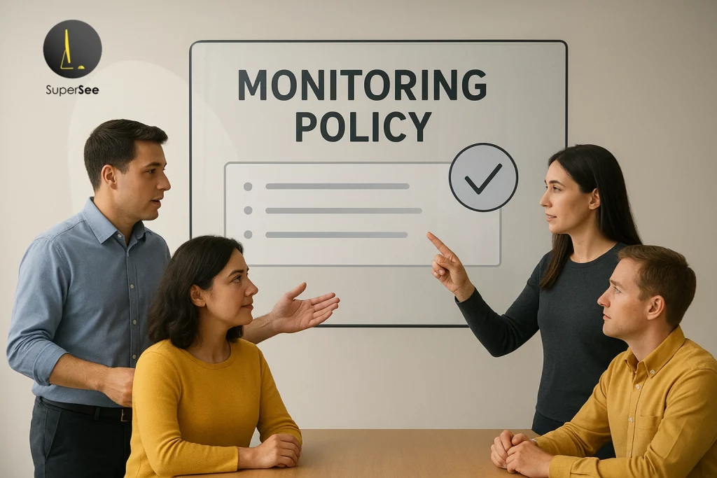 Team of four professionals discussing a monitoring policy with a large checklist on the wall, symbolizing transparency and clear communication in workplace monitoring.