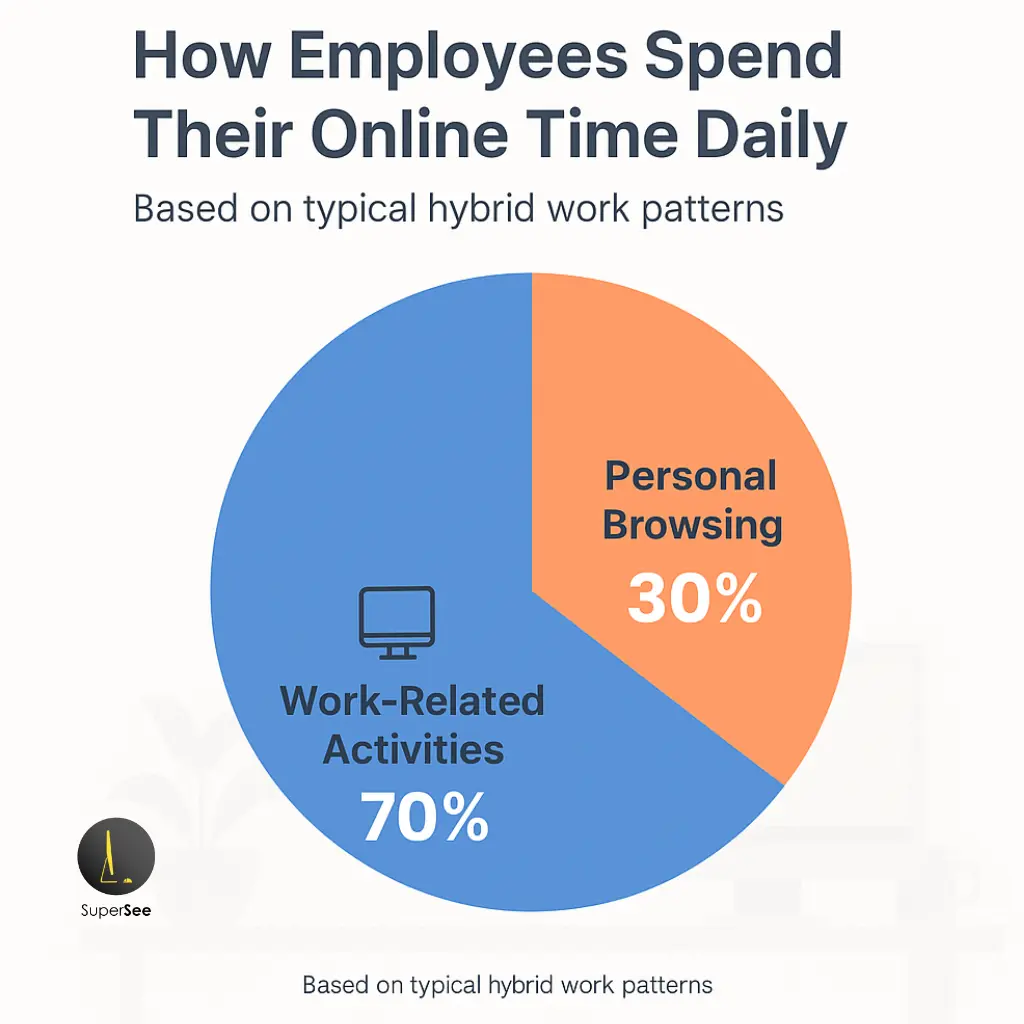 Pie chart showing distribution of employee online time: 70% work-related and 30% personal browsing.