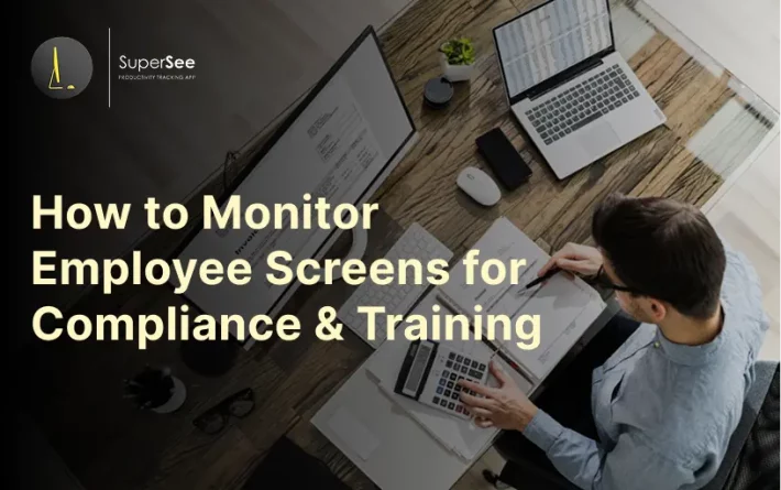 Professional employee using computer and laptop for monitoring screens, representing compliance and training.