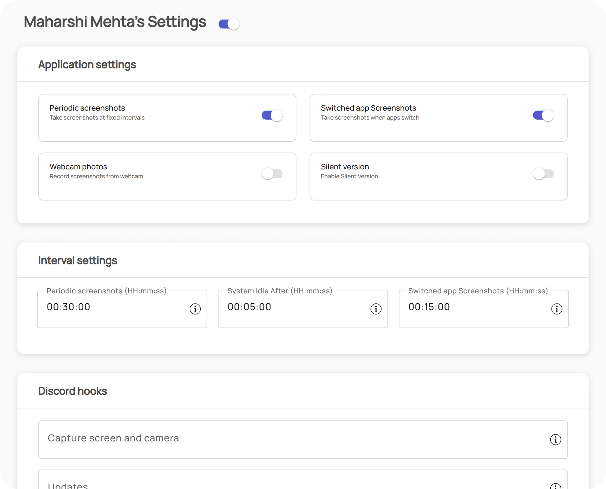 SuperSee periodic screenshot settings dashboard showing automated interval-based captures for employee monitoring