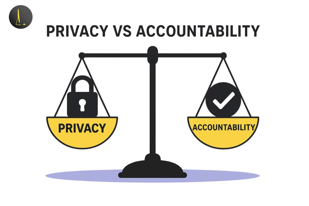 Illustration of a weighing scale with privacy on one side and accountability on the other.