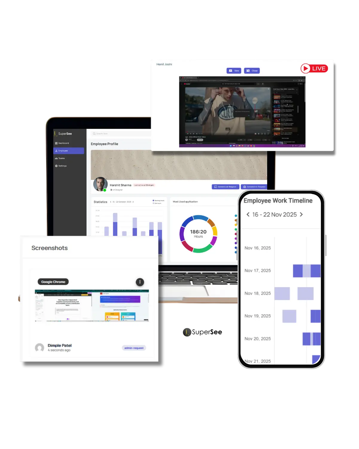 Product visuals showing SuperSee dashboard and employee activity monitoring features.
