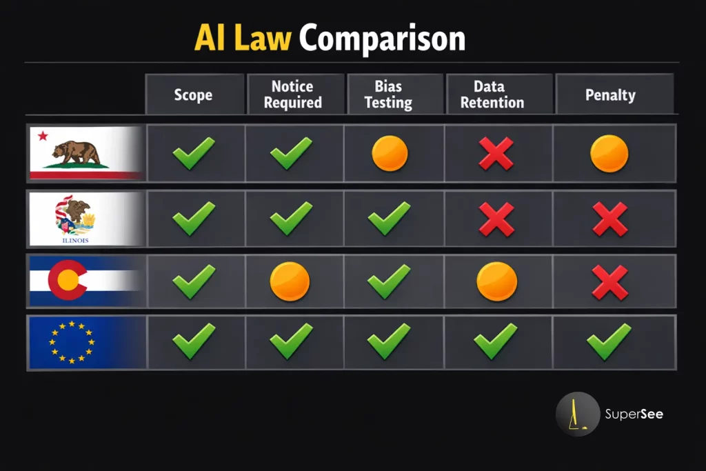 AI Law Comparison chart showing employee monitoring regulations across California,
Illinois, Colorado, and the EU covering scope, notice requirements, bias testing,
data retention, and penalties for 2026 compliance.