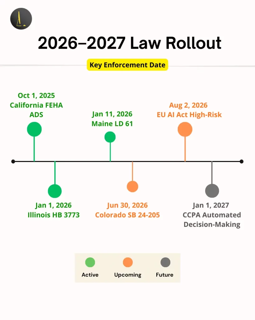 Employee monitoring law rollout timeline 2026–2027: California FEHA ADS,
Illinois HB 3773, Maine LD 61, Colorado SB 24-205, EU AI Act High-Risk,
and CCPA Automated Decision-Making enforcement dates.