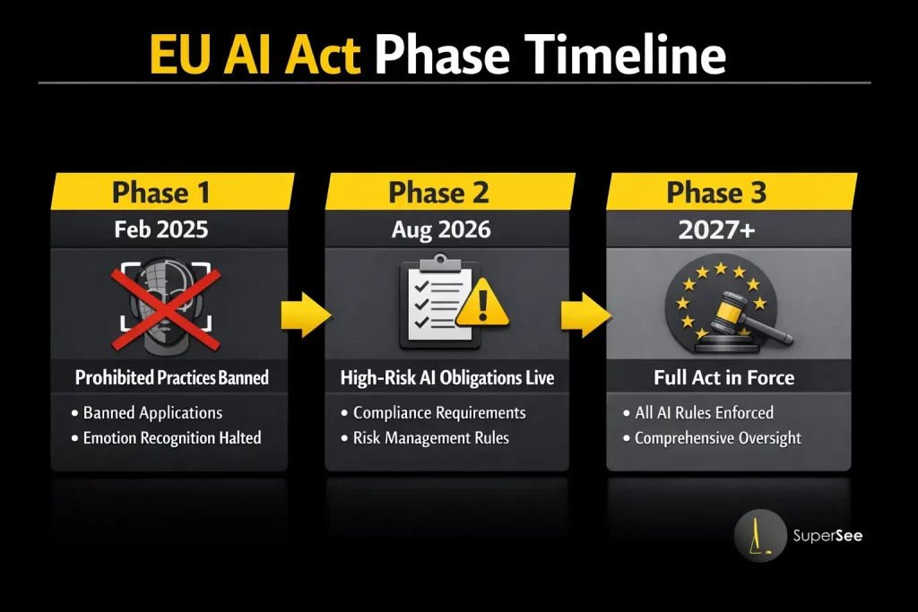 EU AI Act Phase Timeline: Phase 1 (Feb 2025) bans emotion recognition, Phase 2
(Aug 2026) enforces high-risk AI obligations, Phase 3 (2027+) brings full
workplace monitoring compliance requirements into force.