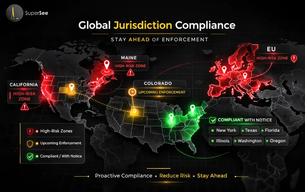 Global jurisdiction compliance map for employee monitoring laws in 2026, highlighting high-risk zones in California, Maine, and the EU, upcoming enforcement in Colorado, and compliant-with-notice states including New York, Texas, Florida, Illinois, Washington, and Oregon.
