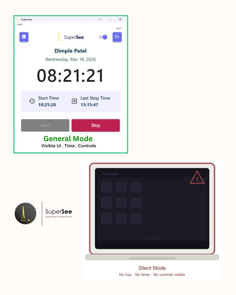 SuperSee employee monitoring modes comparison: General Mode showing visible UI
with employee name, live timer, start and stop controls, versus Silent Mode
showing no tray icon, no timer, and no visible controls illustrating
transparent vs covert monitoring for 2026 compliance.