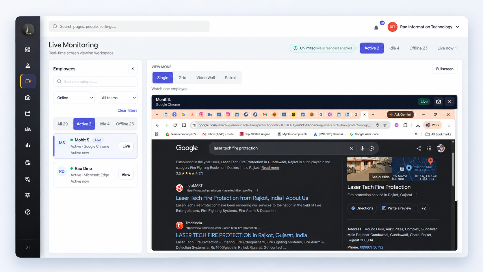 Live single-screen view of one workstation