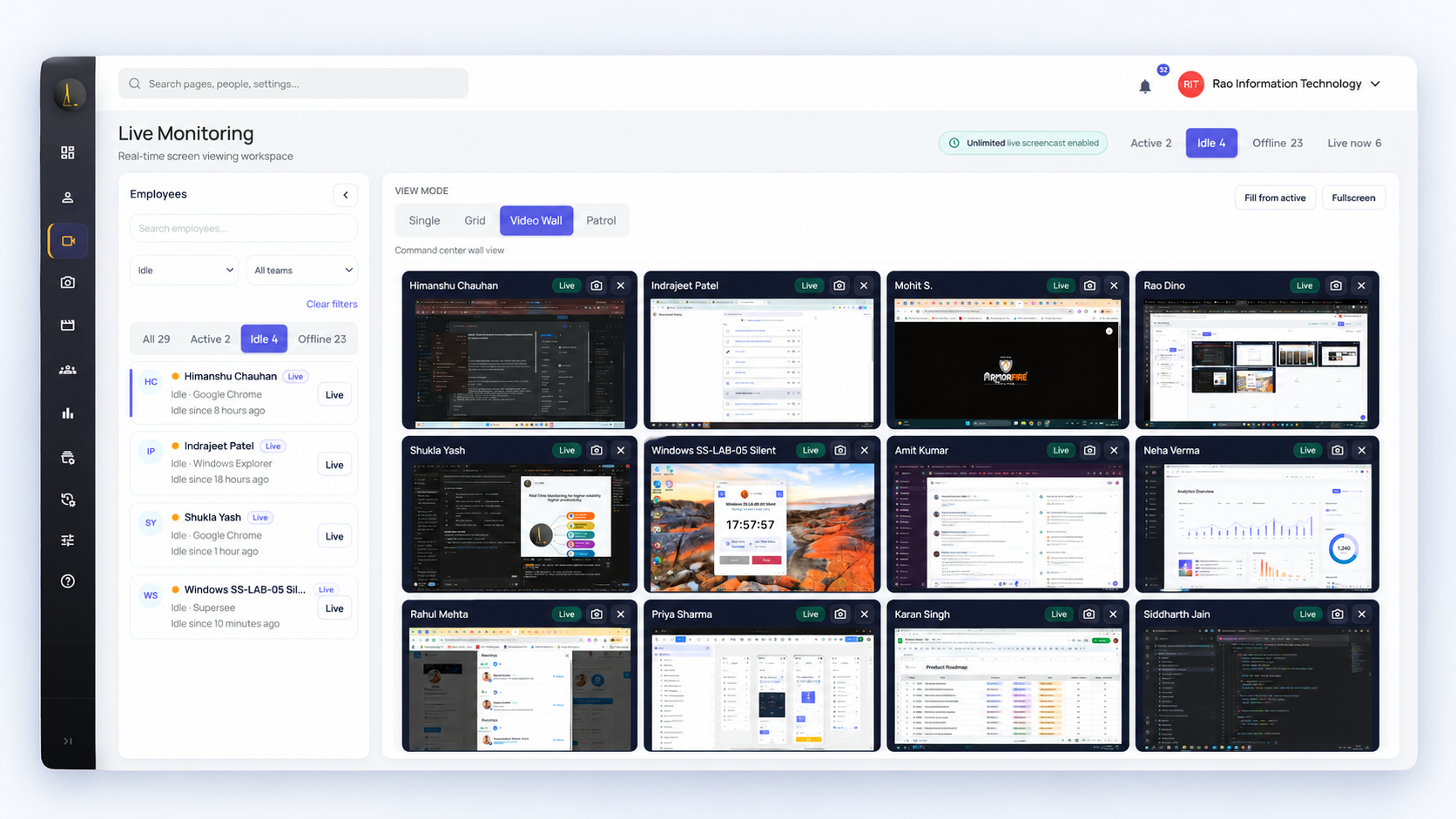 SuperSee Live Wall — up to 16 live workstation videos at once; open one screen maximized