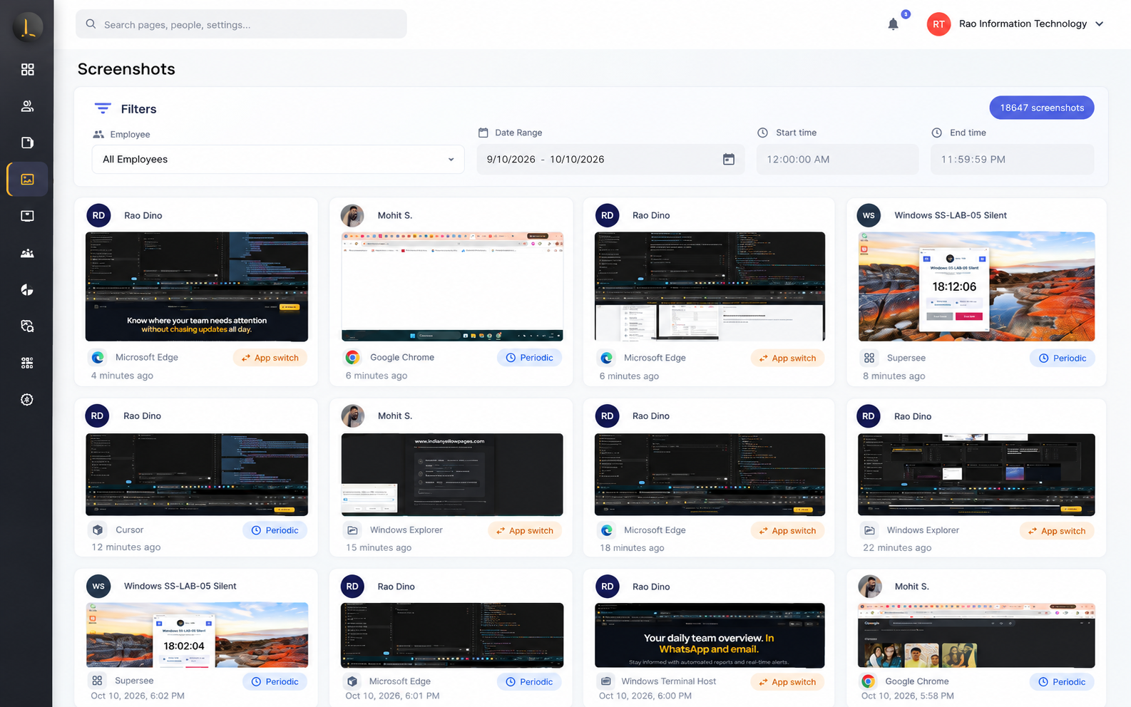 Screenshot gallery filtered by employee and date in SuperSee
