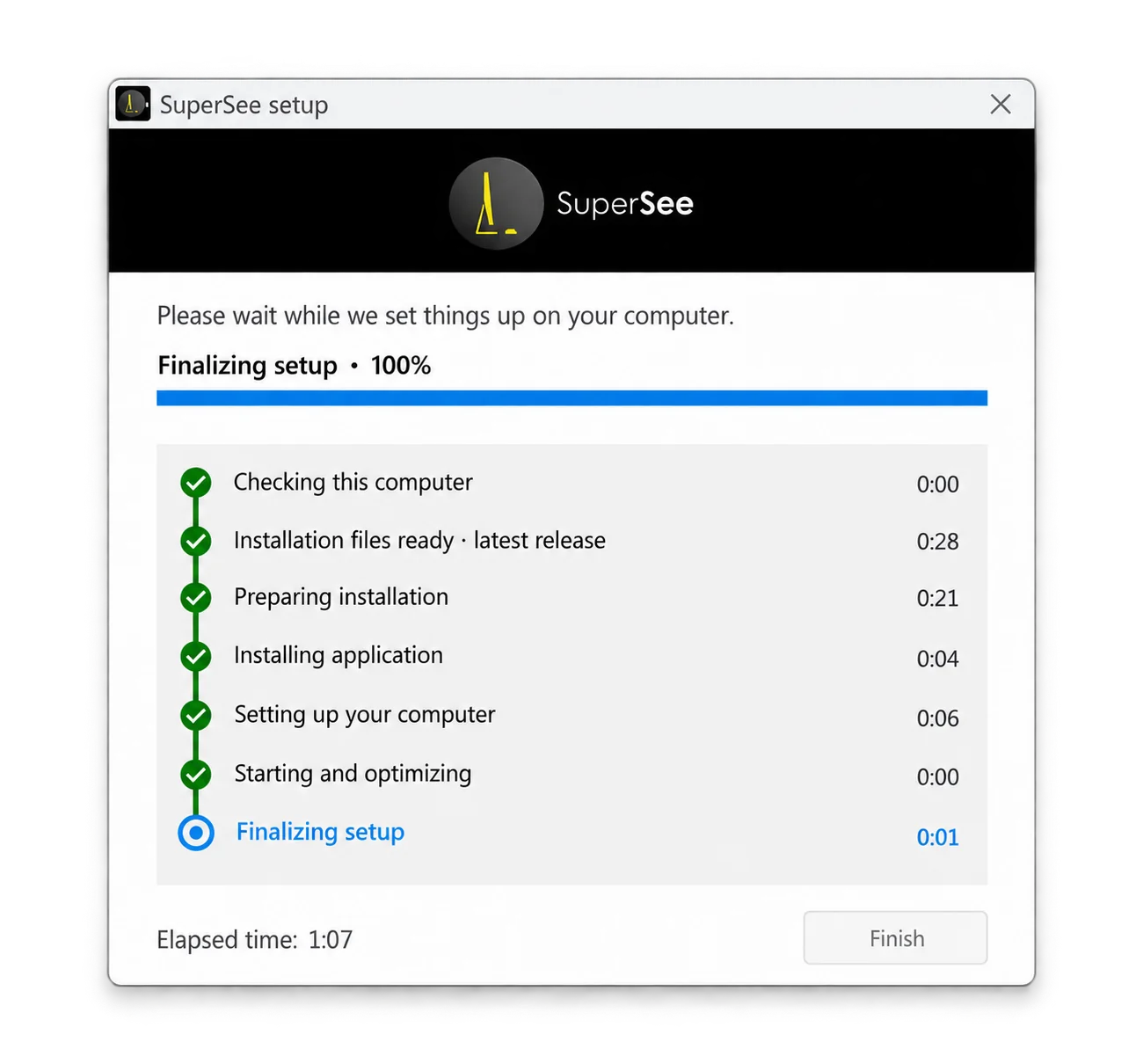 SuperSee setup window while installation finishes on a work computer