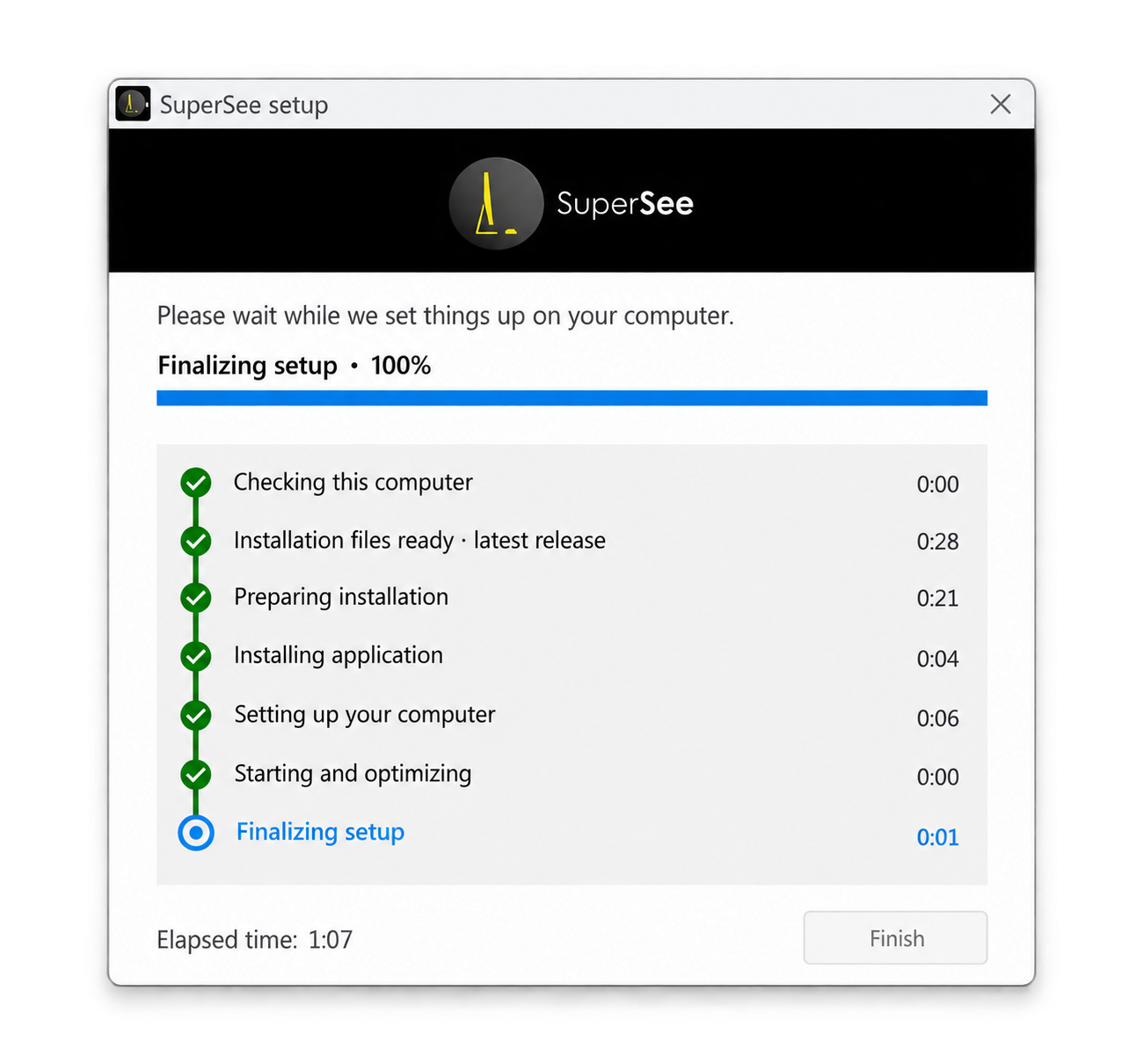 SuperSee setup window while installation finishes on a work computer