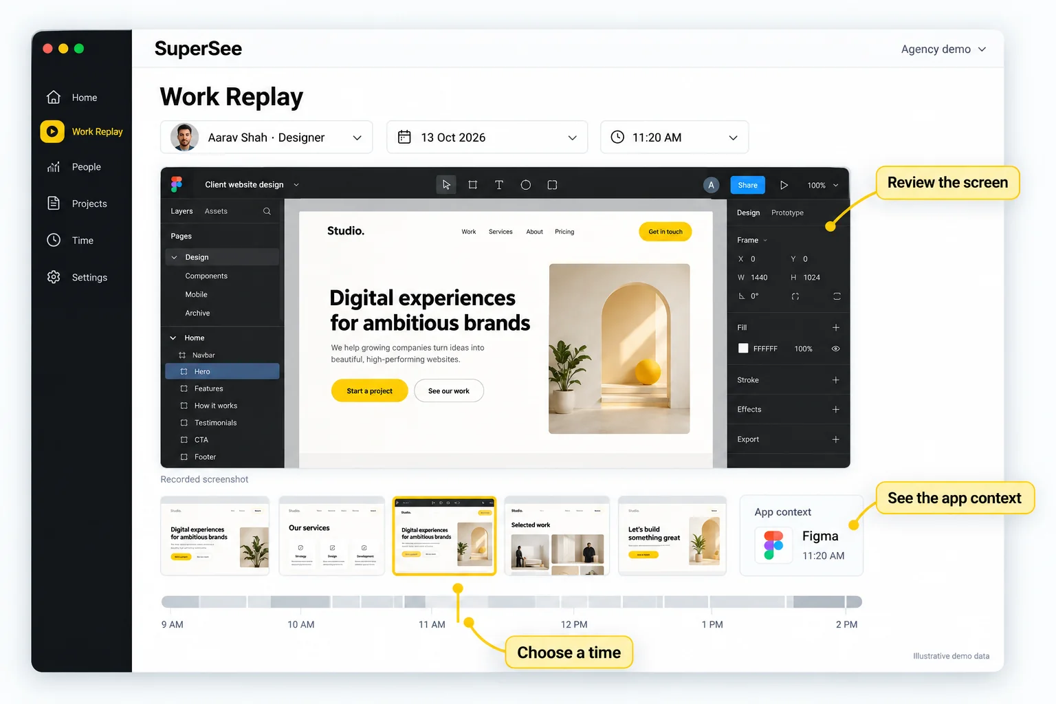 SuperSee Work Replay with screenshots and app context for a recorded stretch
