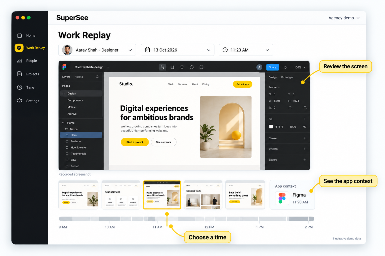 SuperSee Work Replay with screenshots and app context for a recorded stretch