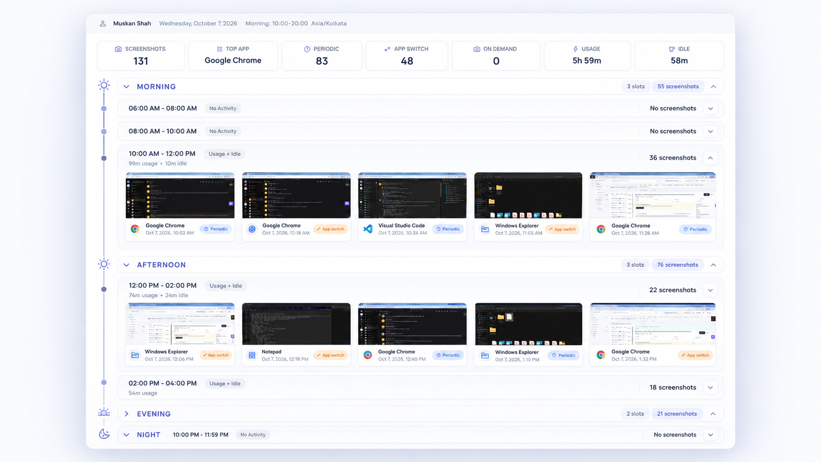 Work Replay for one person on one day—time slots with apps and screenshots