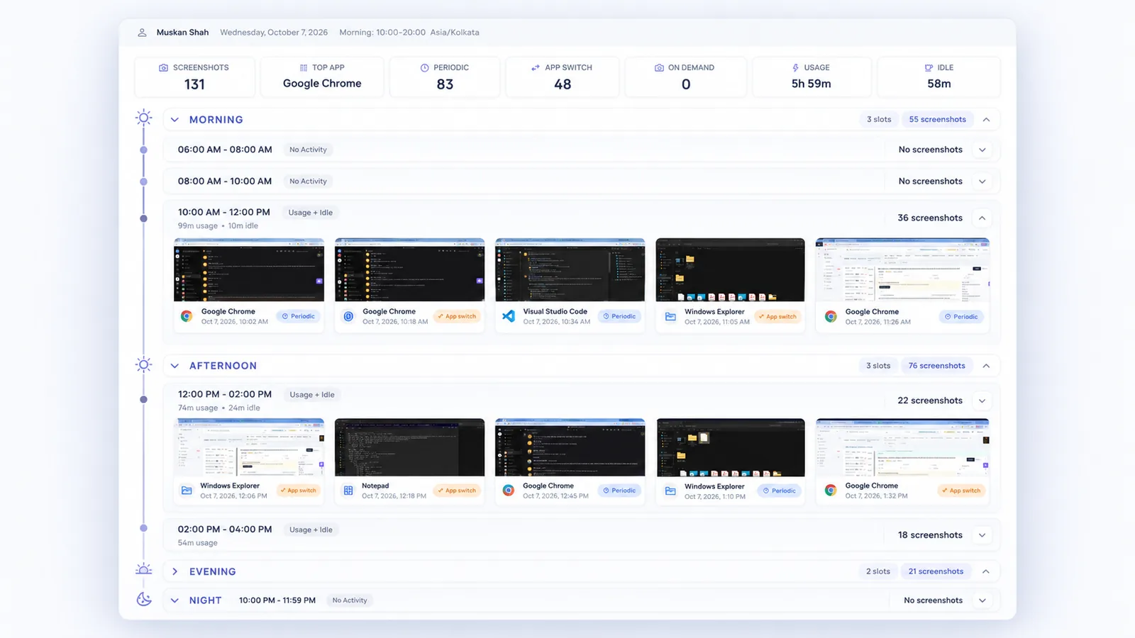 Work Replay timeline with a selected stretch of captured screenshots