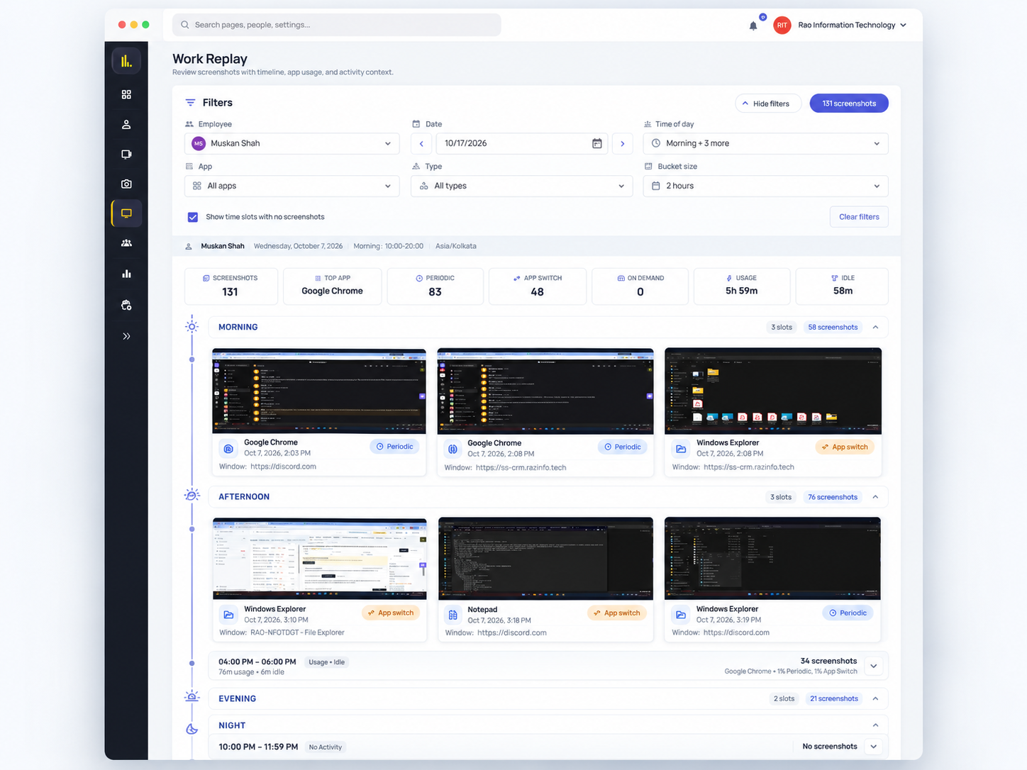 SuperSee Work Replay for one employee, with hours and screenshots from the selected workday