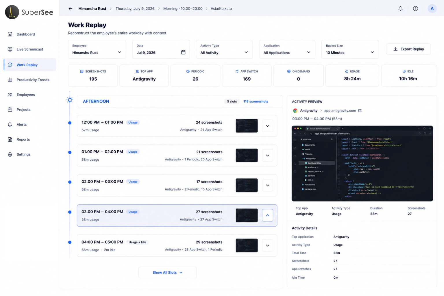 SuperSee Work Replay dashboard showing hourly workday activity and a detailed screen preview.