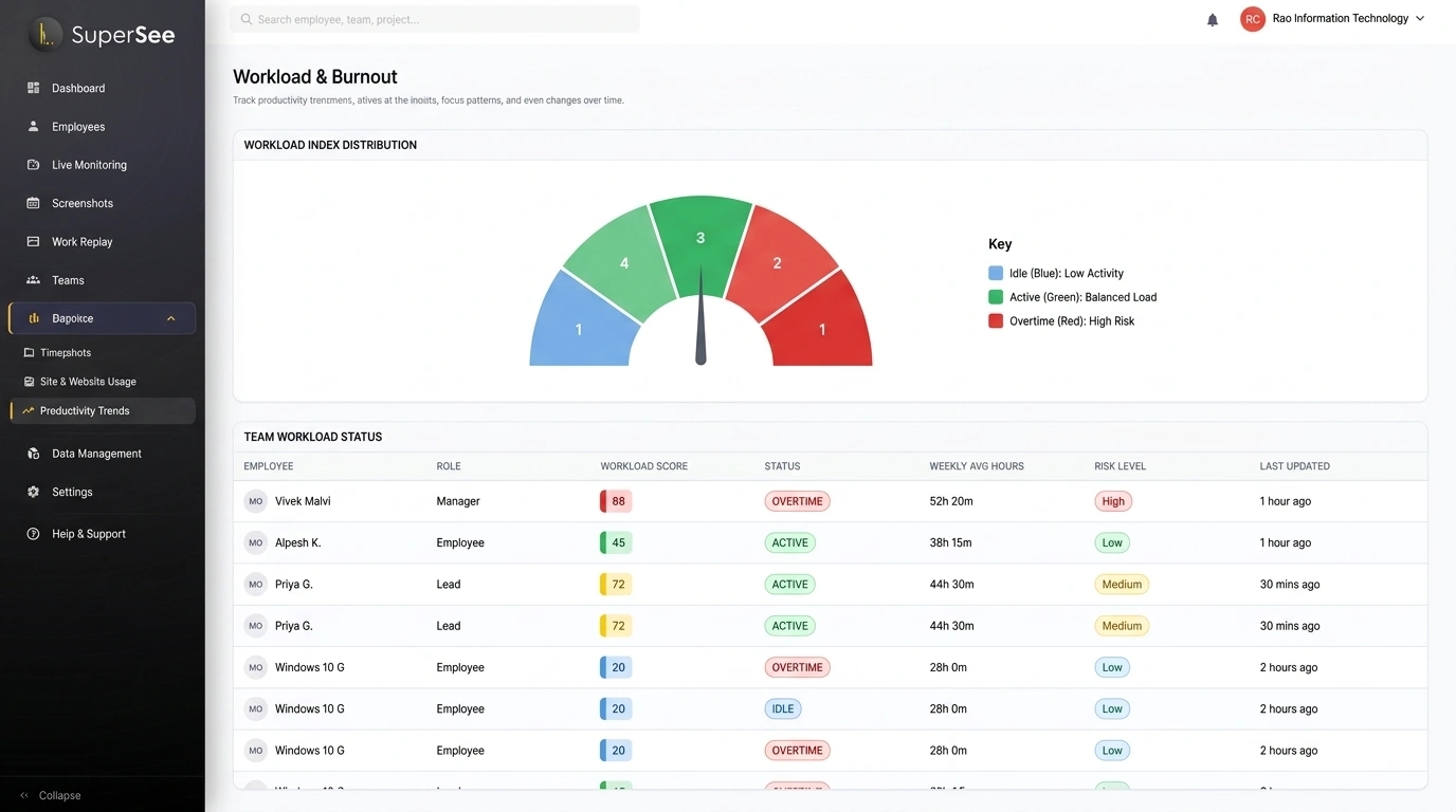 SuperSee workload and burnout analysis dashboard