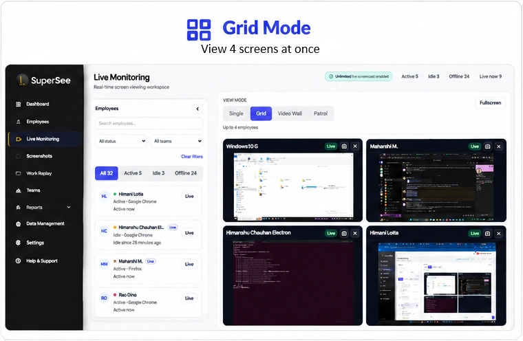 SuperSee live monitoring grid for an IT services team