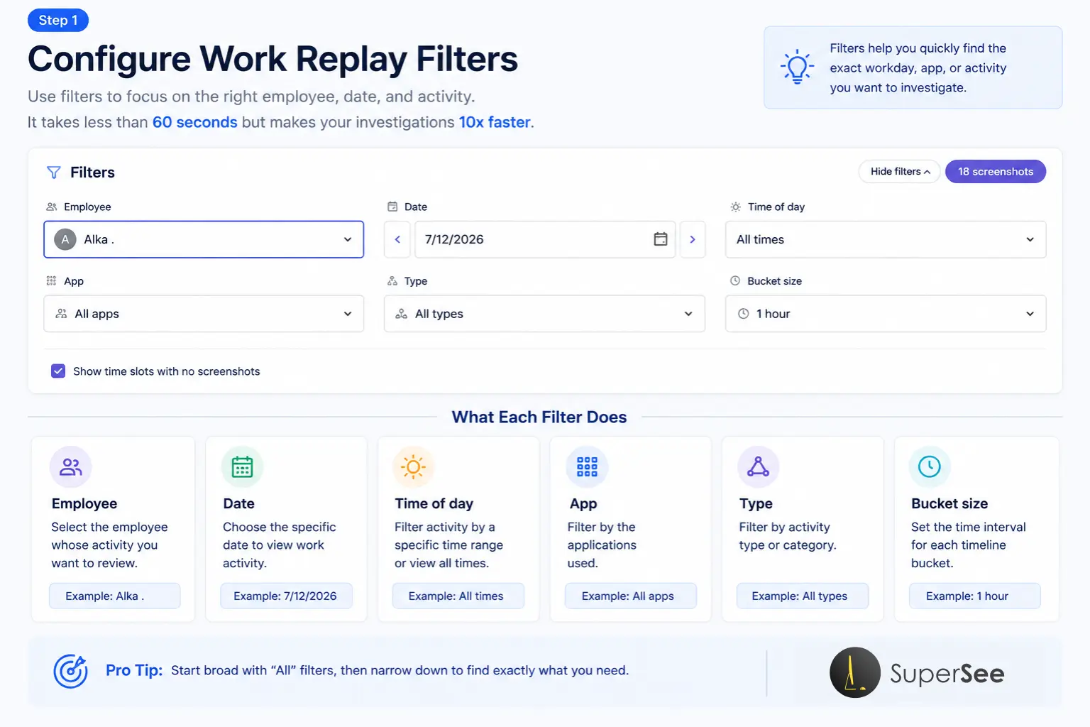 SuperSee Work Replay filter settings for employee, date, time of day, application, activity type, and bucket size.